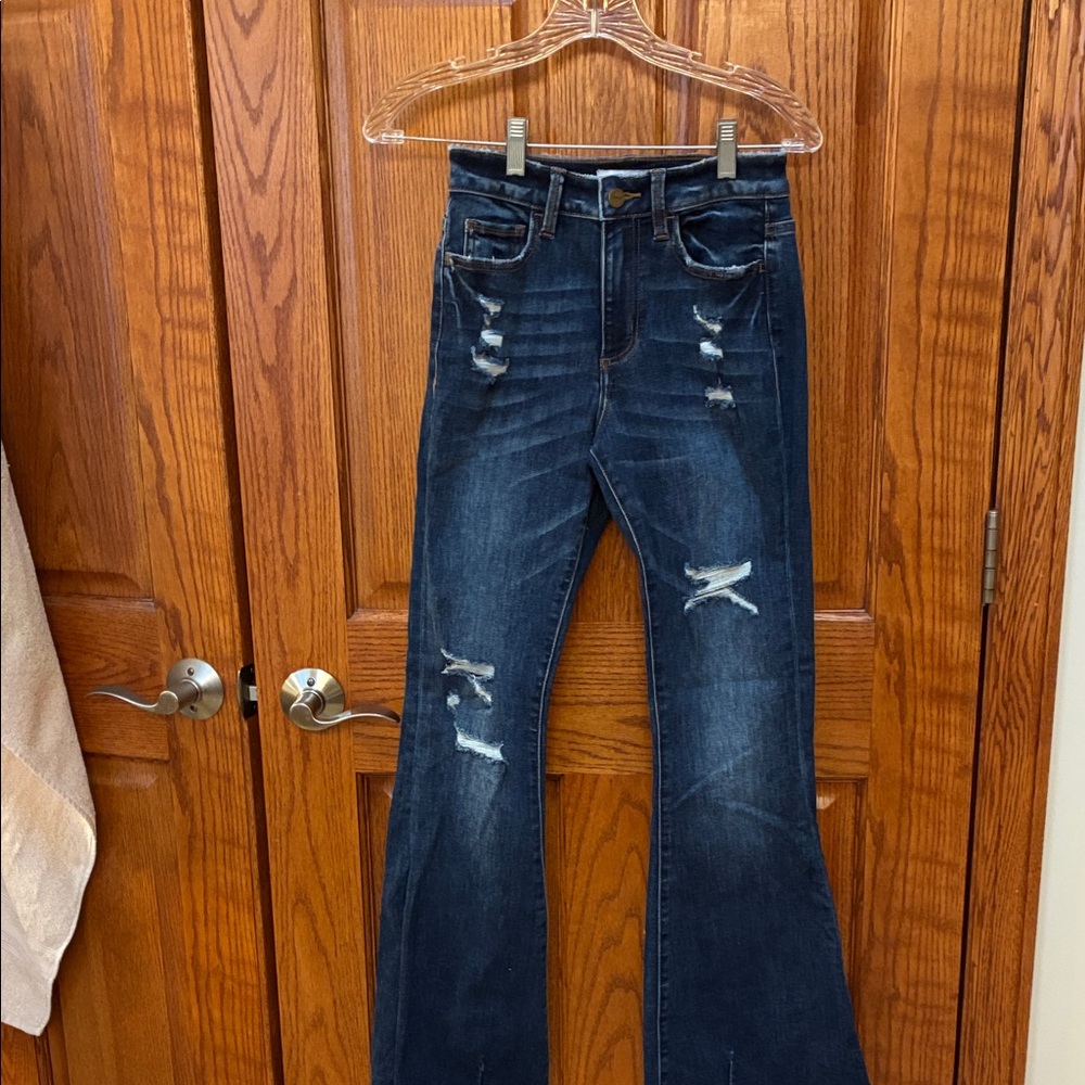 Ceros Distressed Flare Jeans in Dark Blue, Size 24